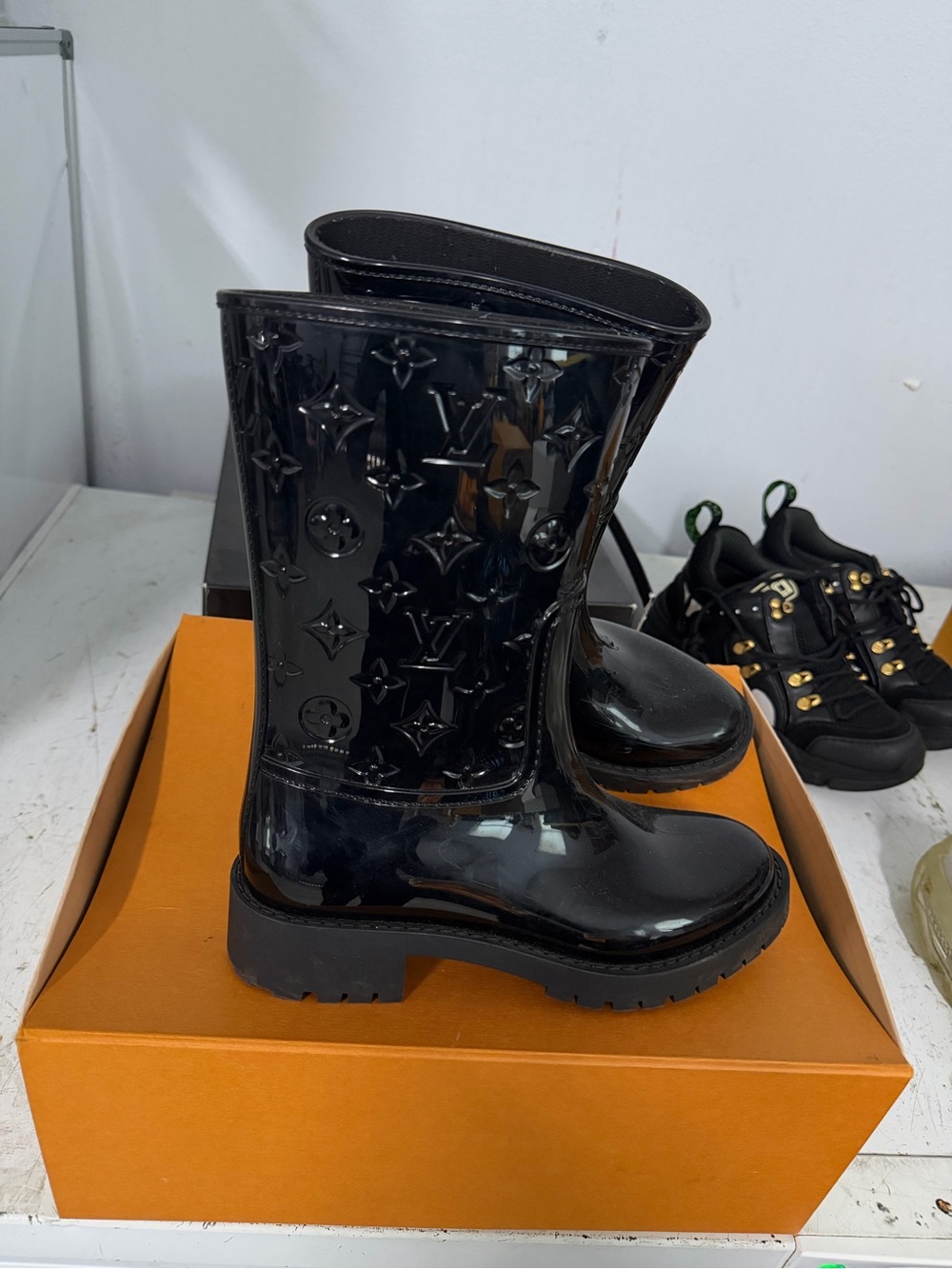 Black Luis Vuitton Patent Monogram Rain Boots - Luxury Designer